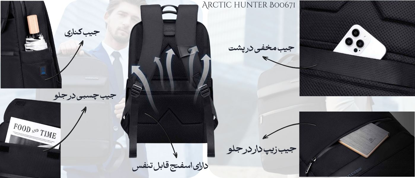 کوله پشتی آرکتیک هانتر مدل Arctic hunter B00671 مناسب لپ تاپ 15.6 اینچی